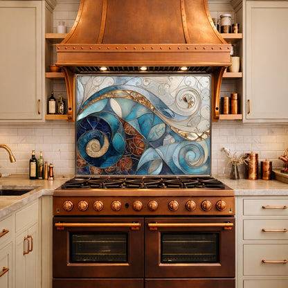 Abstract Blue Gold Tempered Glass Kitchen Panel, Mosaic Spiral Splashback, Modern Artistic Design