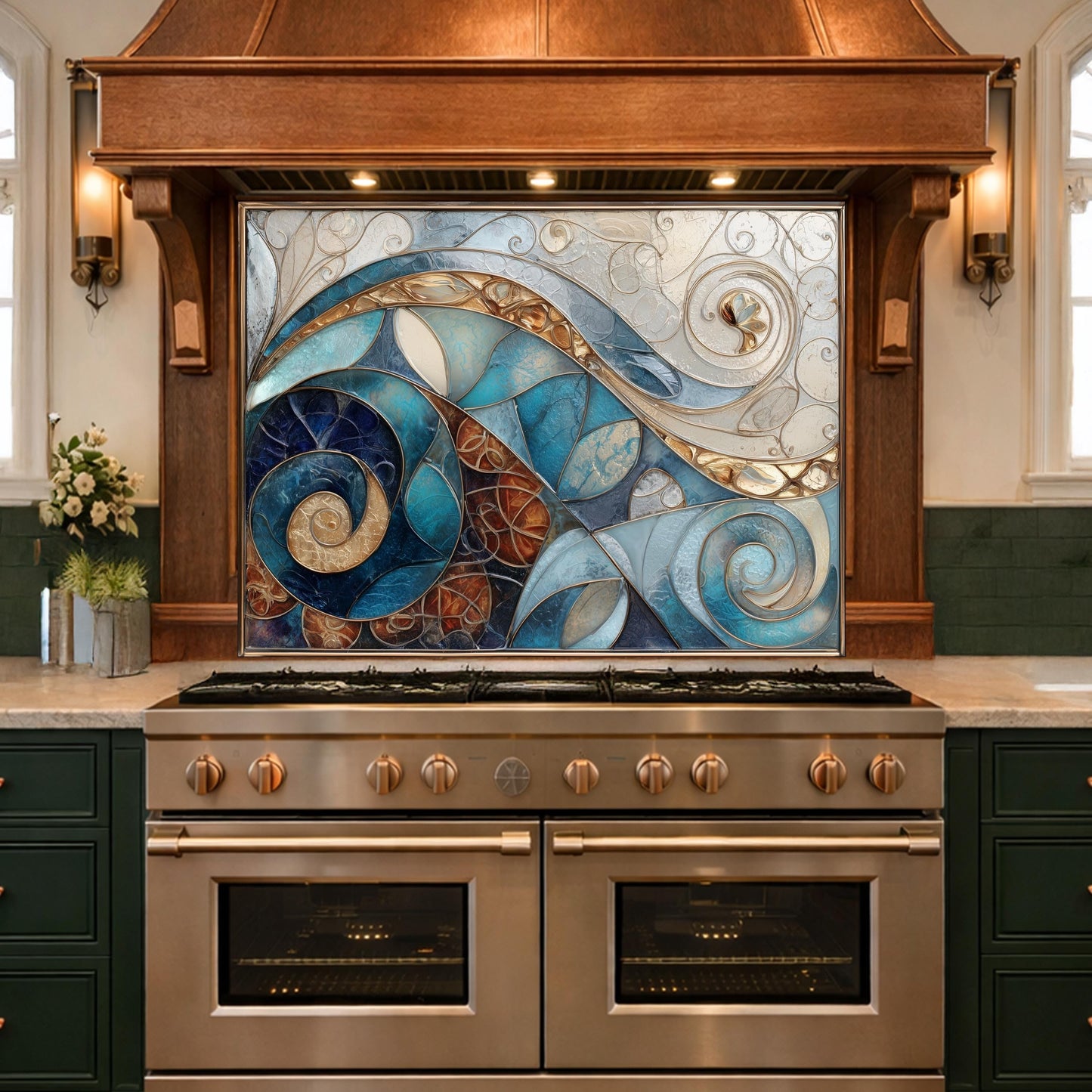Abstract Blue Gold Tempered Glass Kitchen Panel, Mosaic Spiral Splashback, Modern Artistic Design