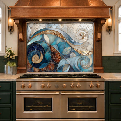 Abstract Blue Gold Tempered Glass Kitchen Panel, Mosaic Spiral Splashback, Modern Artistic Design