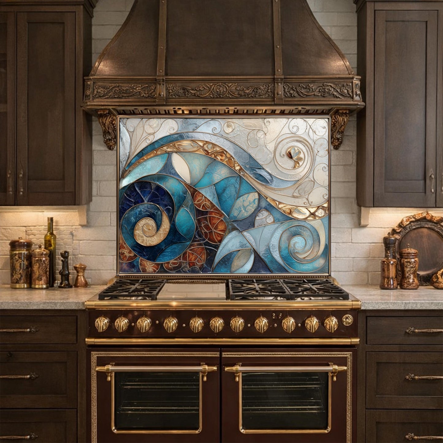 Abstract Blue Gold Tempered Glass Kitchen Panel, Mosaic Spiral Splashback, Modern Artistic Design