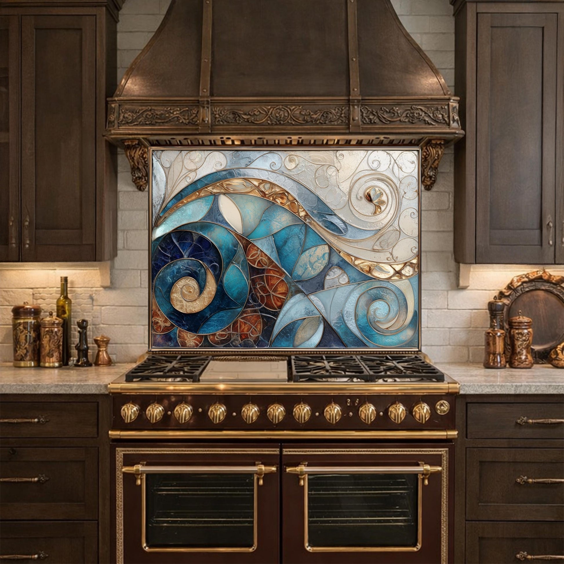 Abstract Blue Gold Tempered Glass Kitchen Panel, Mosaic Spiral Splashback, Modern Artistic Design