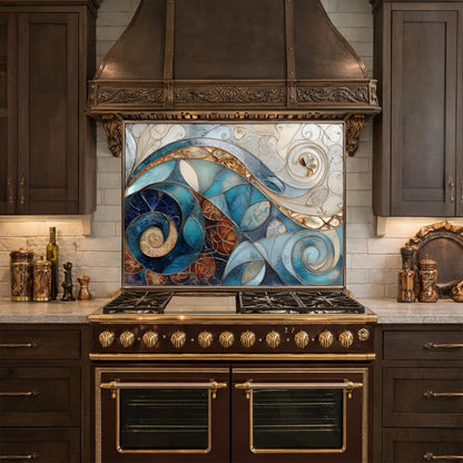 Abstract Blue Gold Tempered Glass Kitchen Panel, Mosaic Spiral Splashback, Modern Artistic Design