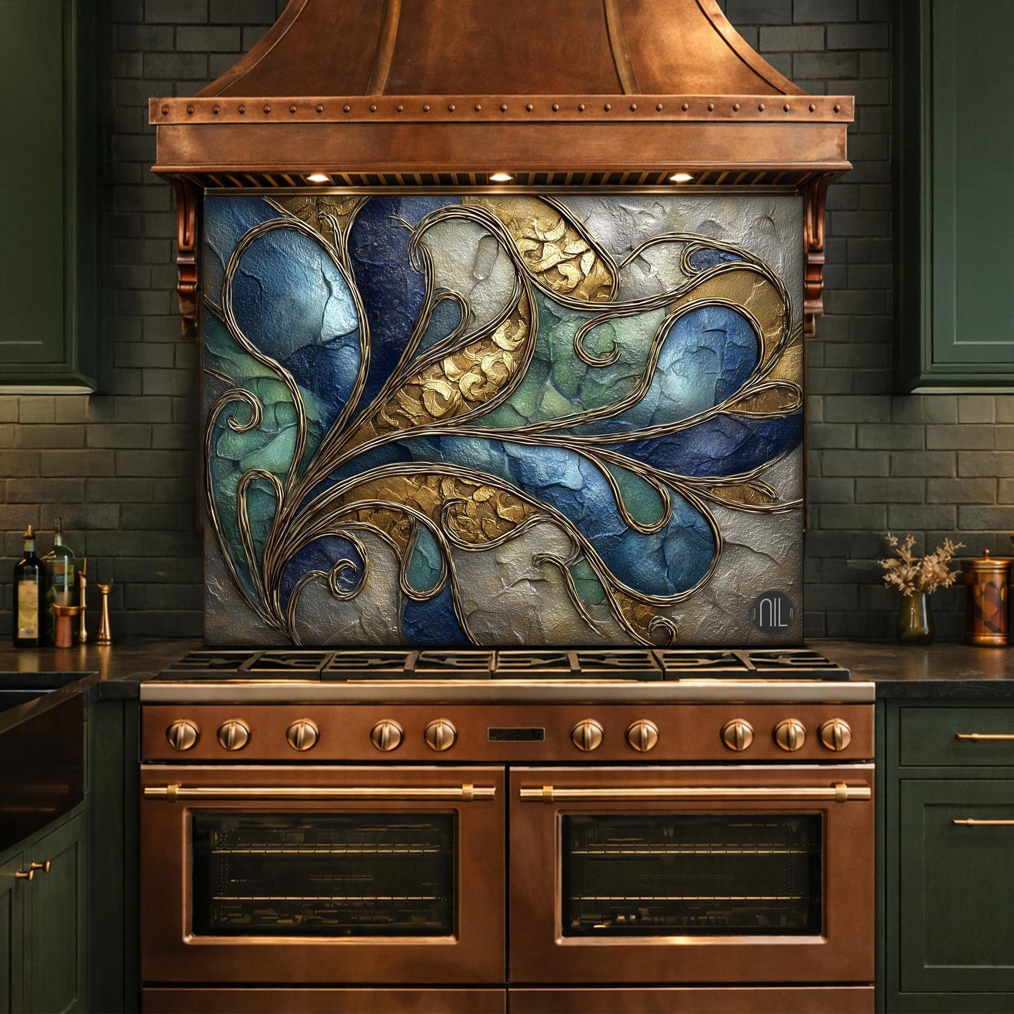 Abstract Blue Gold Tempered Glass Kitchen Panel, Swirling Marble Mosaic Splashback