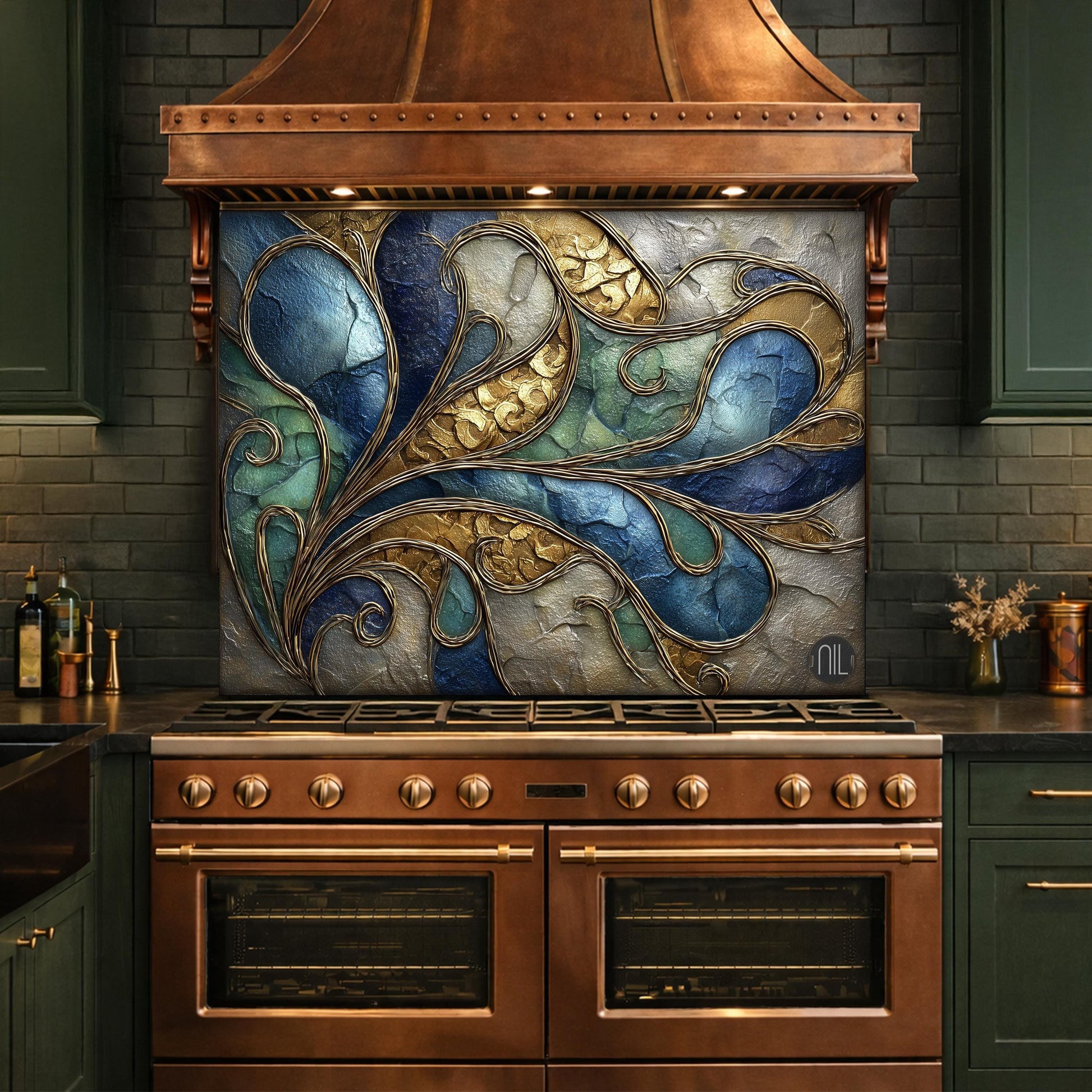 Abstract Blue Gold Tempered Glass Kitchen Panel, Swirling Marble Mosaic Splashback