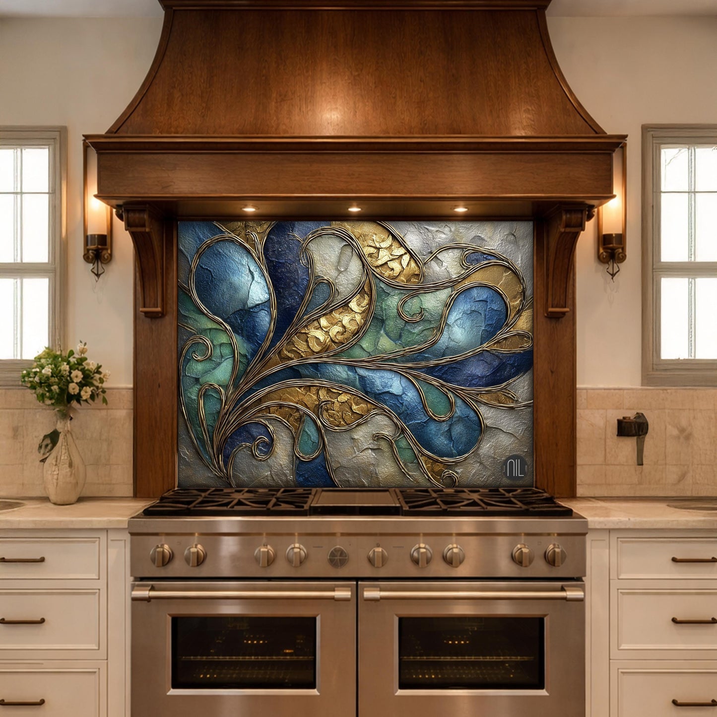 Abstract Blue Gold Tempered Glass Kitchen Panel, Swirling Marble Mosaic Splashback