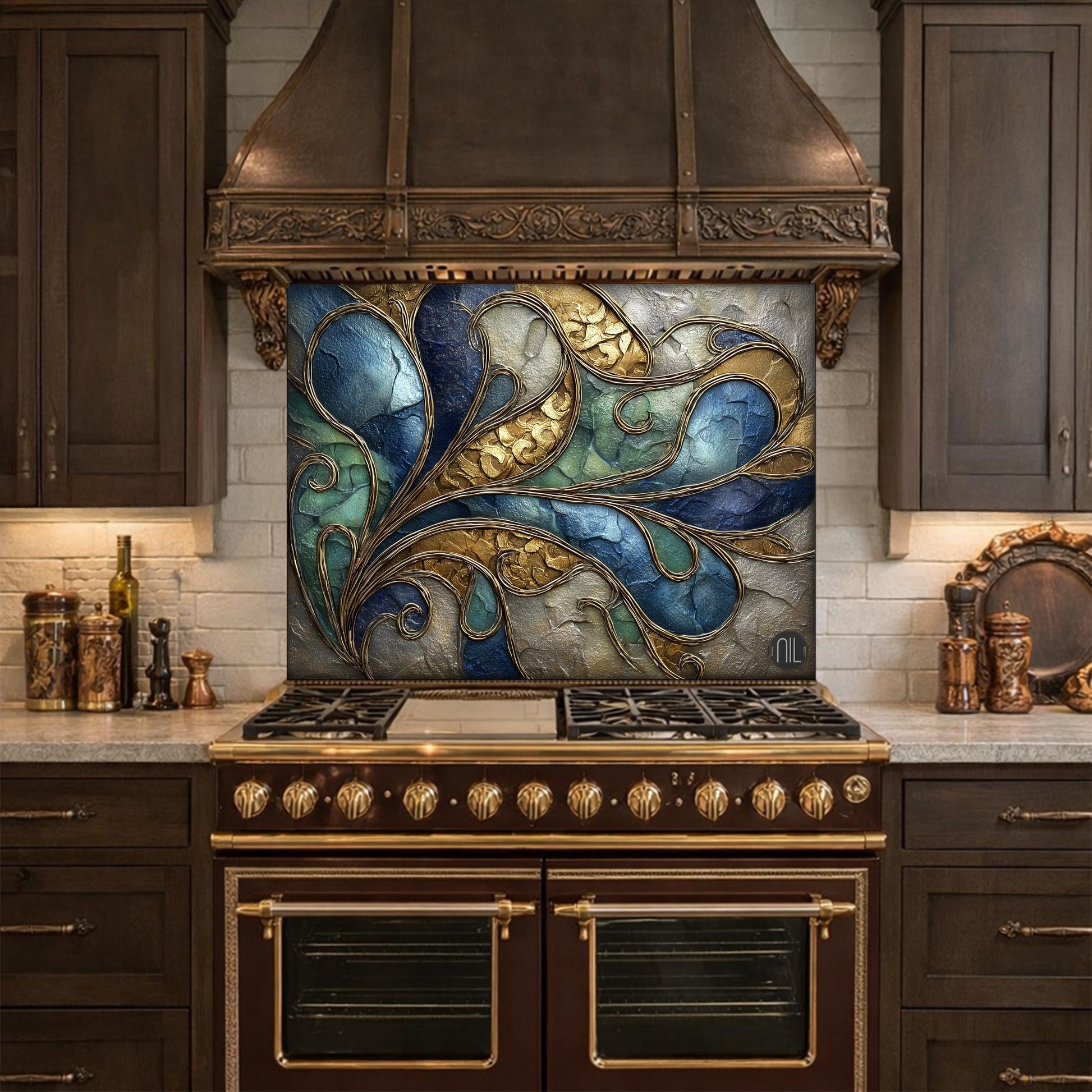 Abstract Blue Gold Tempered Glass Kitchen Panel, Swirling Marble Mosaic Splashback