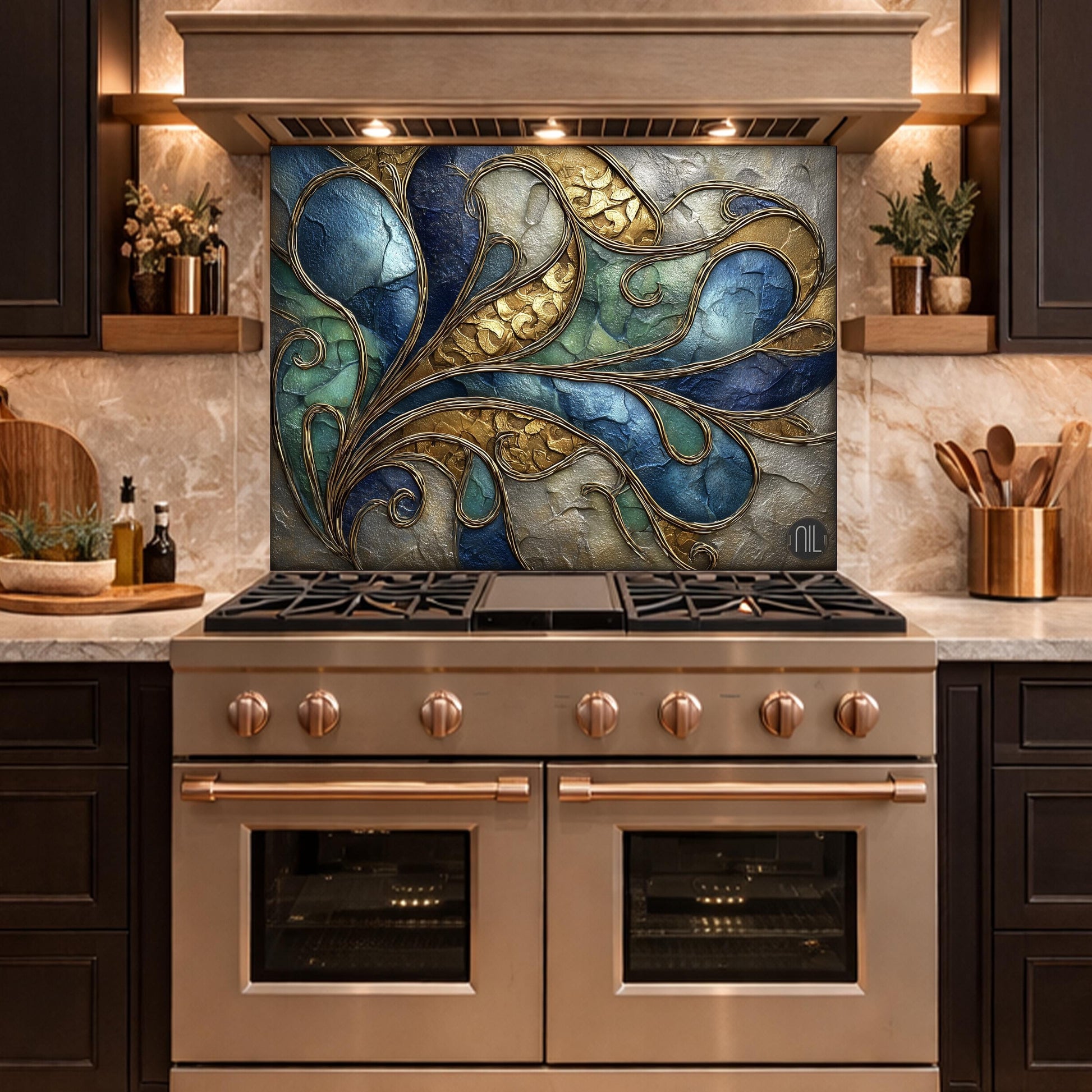Abstract Blue Gold Tempered Glass Kitchen Panel, Swirling Marble Mosaic Splashback