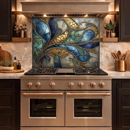 Abstract Blue Gold Tempered Glass Kitchen Panel, Swirling Marble Mosaic Splashback