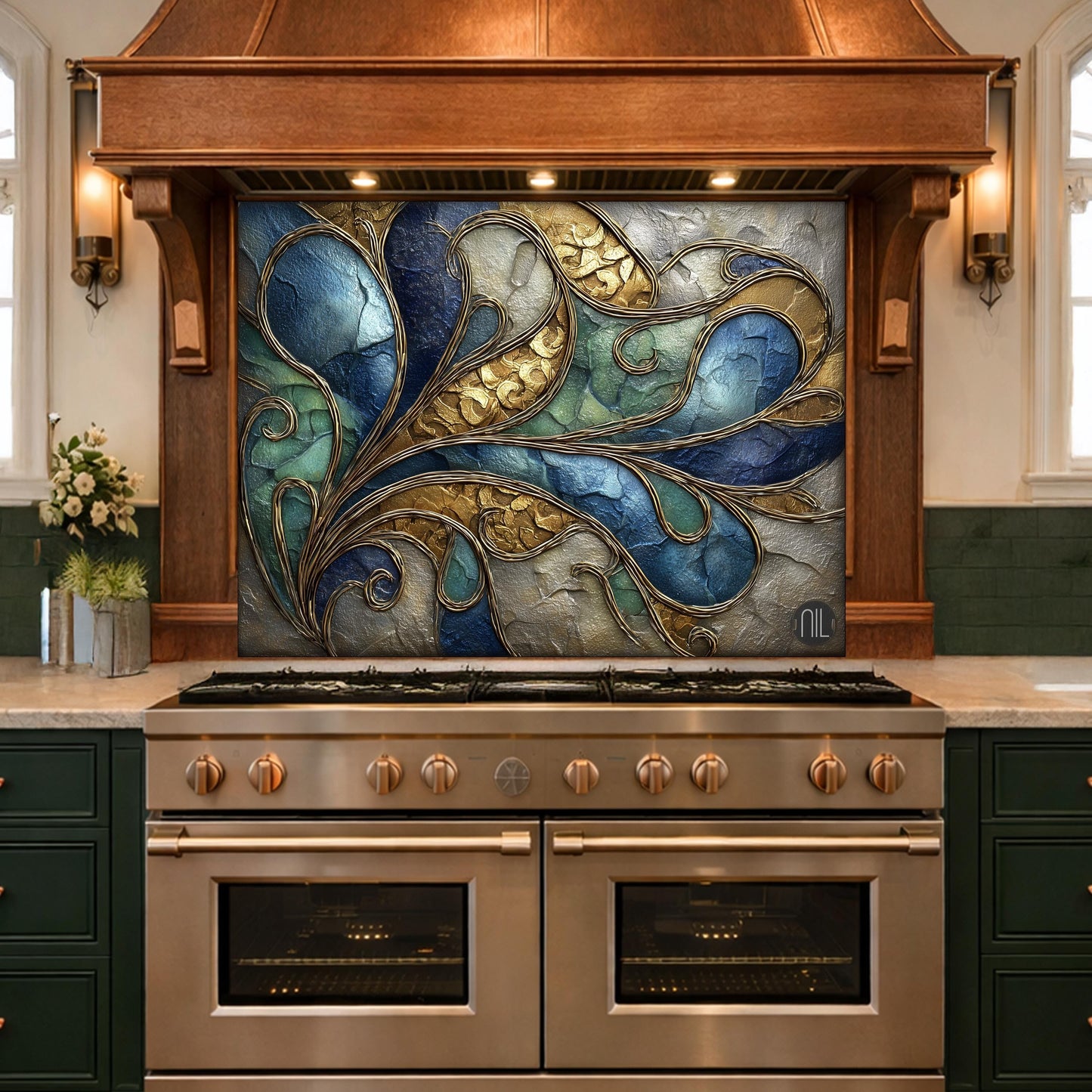 Abstract Blue Gold Tempered Glass Kitchen Panel, Swirling Marble Mosaic Splashback