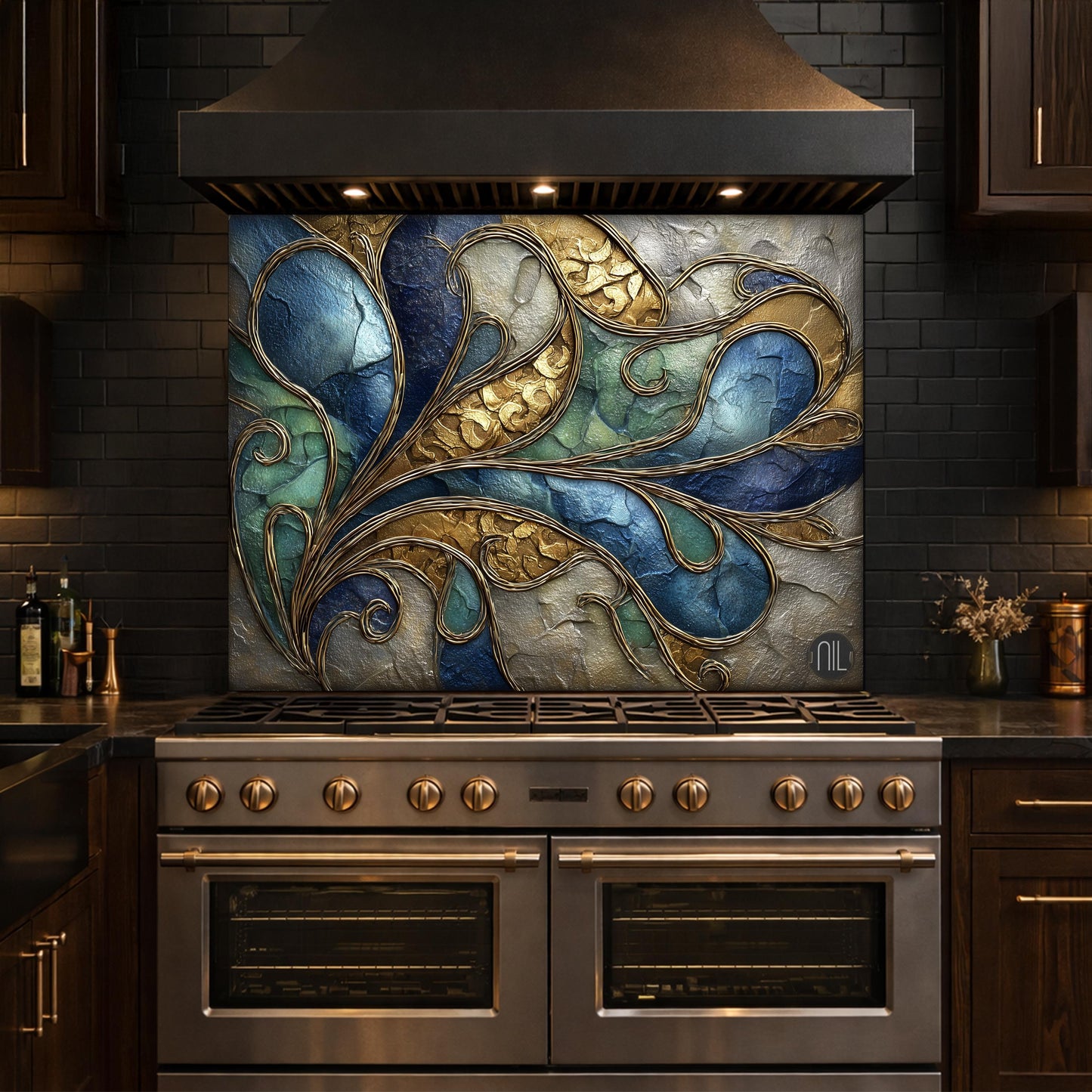 Abstract Blue Gold Tempered Glass Kitchen Panel, Swirling Marble Mosaic Splashback
