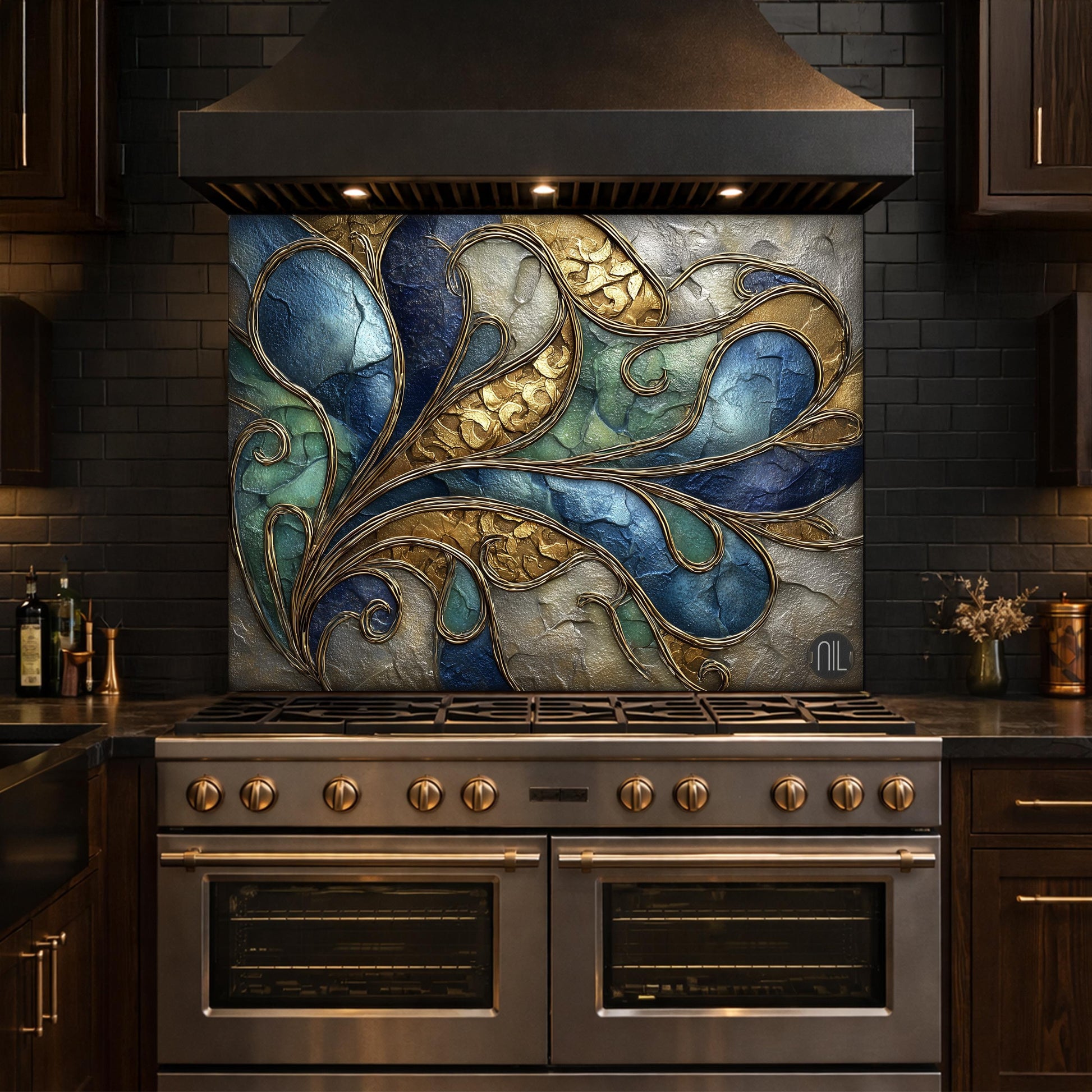 Abstract Blue Gold Tempered Glass Kitchen Panel, Swirling Marble Mosaic Splashback