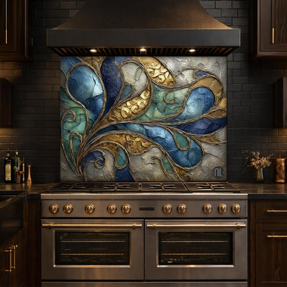 Abstract Blue Gold Tempered Glass Kitchen Panel, Swirling Marble Mosaic Splashback