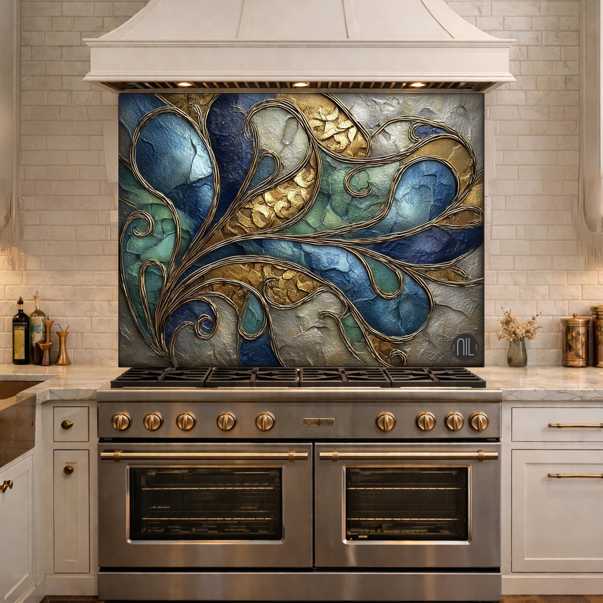 Abstract Blue Gold Tempered Glass Kitchen Panel, Swirling Marble Mosaic Splashback