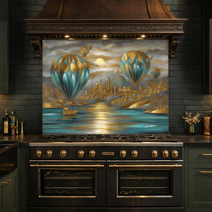 Hot Air Balloon Tempered Glass Kitchen Panel, Blue Gold City Mosaic Splashback