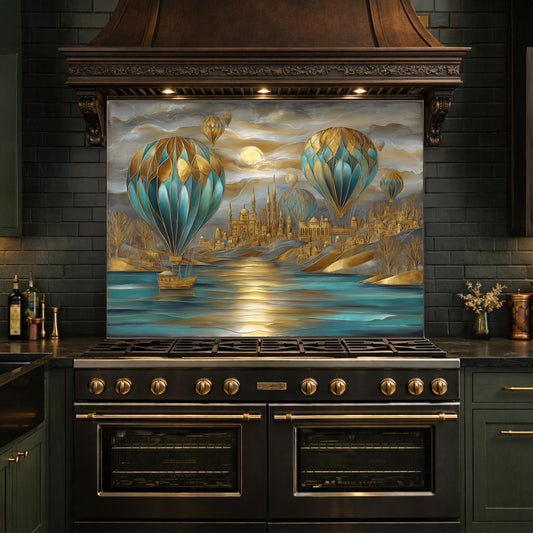 Hot Air Balloon Tempered Glass Kitchen Panel, Blue Gold City Mosaic Splashback