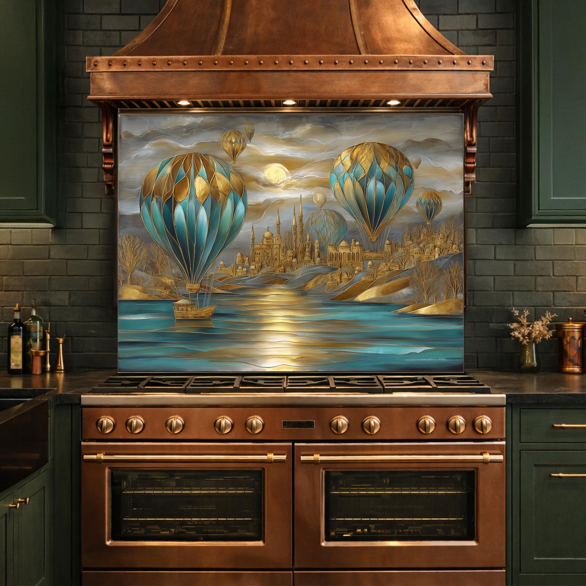 Hot Air Balloon Tempered Glass Kitchen Panel, Blue Gold City Mosaic Splashback