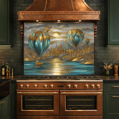 Hot Air Balloon Tempered Glass Kitchen Panel, Blue Gold City Mosaic Splashback