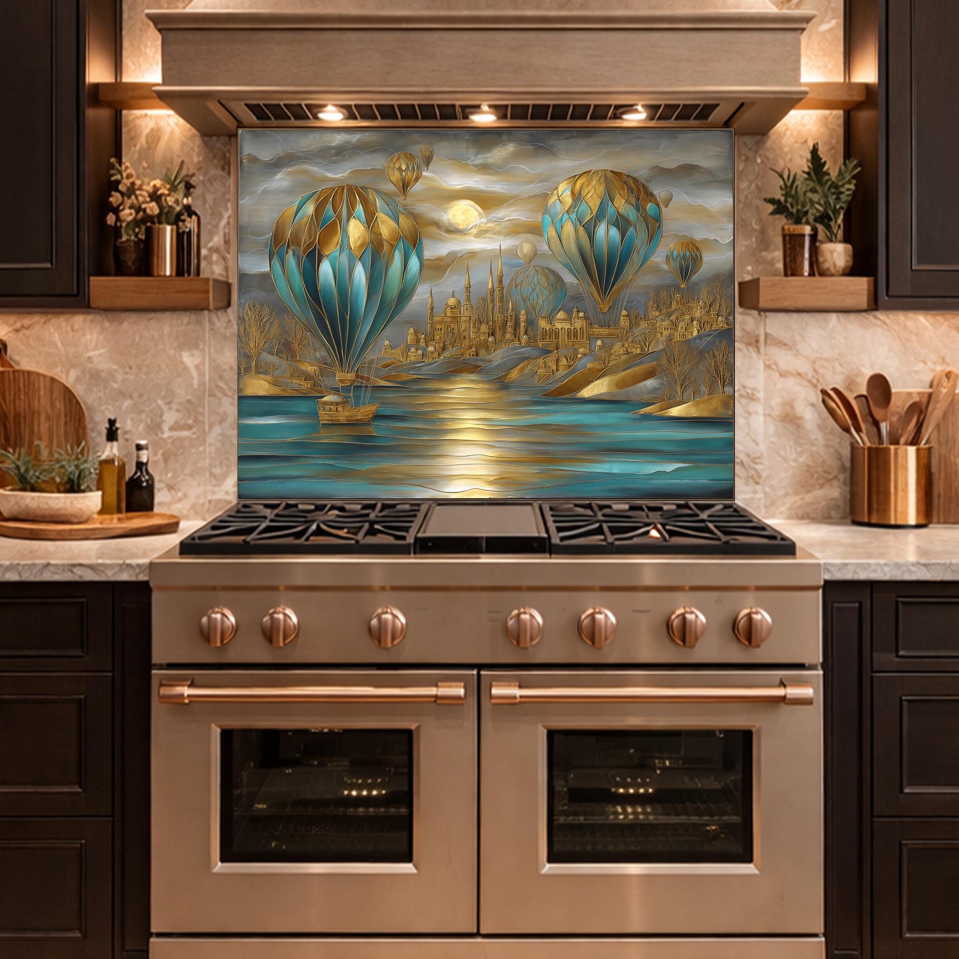 Hot Air Balloon Tempered Glass Kitchen Panel, Blue Gold City Mosaic Splashback