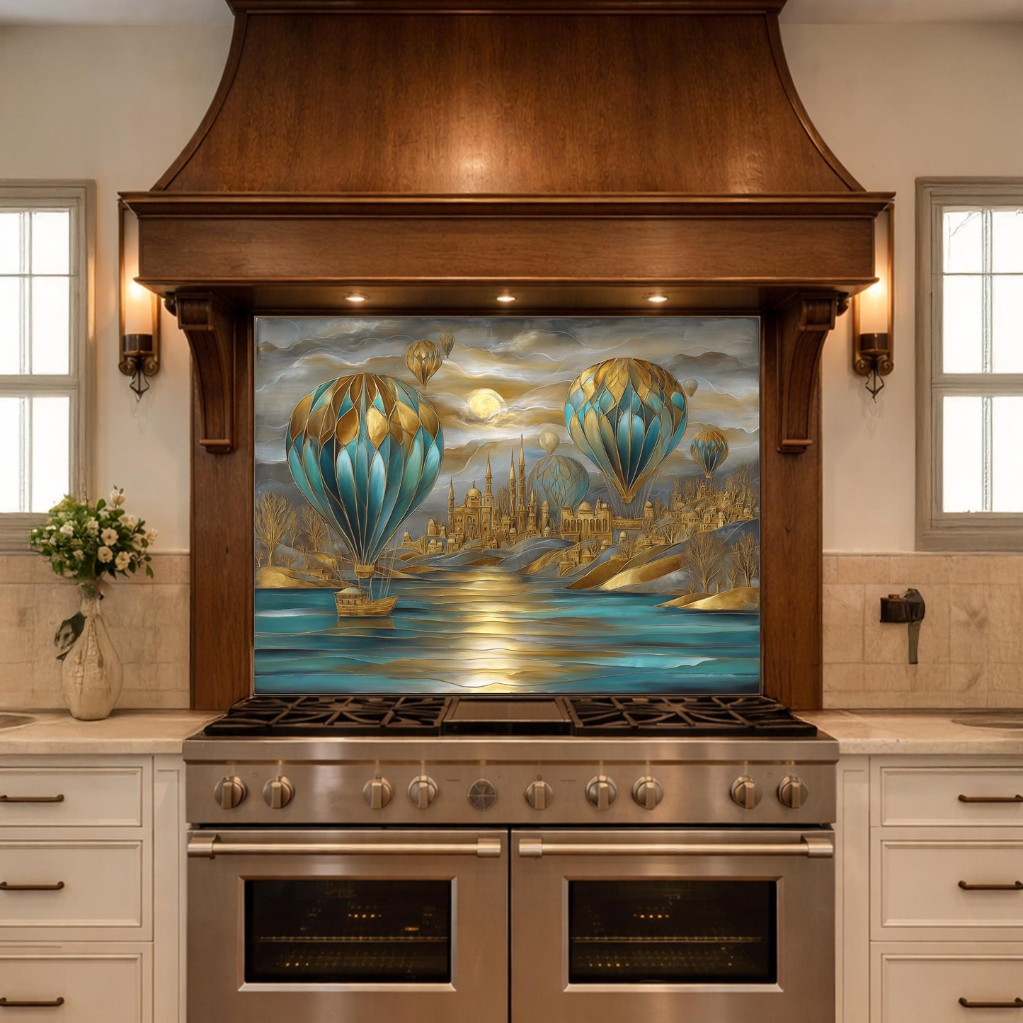 Hot Air Balloon Tempered Glass Kitchen Panel, Blue Gold City Mosaic Splashback