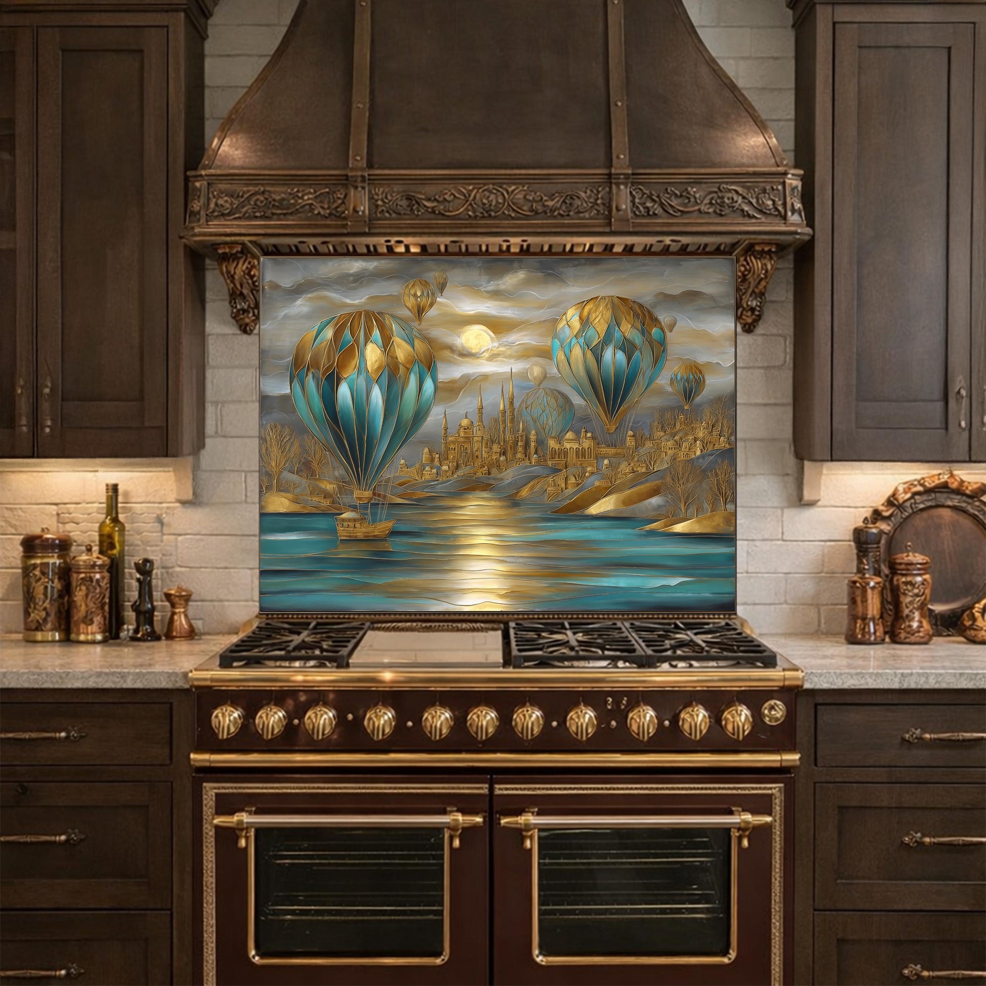 Hot Air Balloon Tempered Glass Kitchen Panel, Blue Gold City Mosaic Splashback