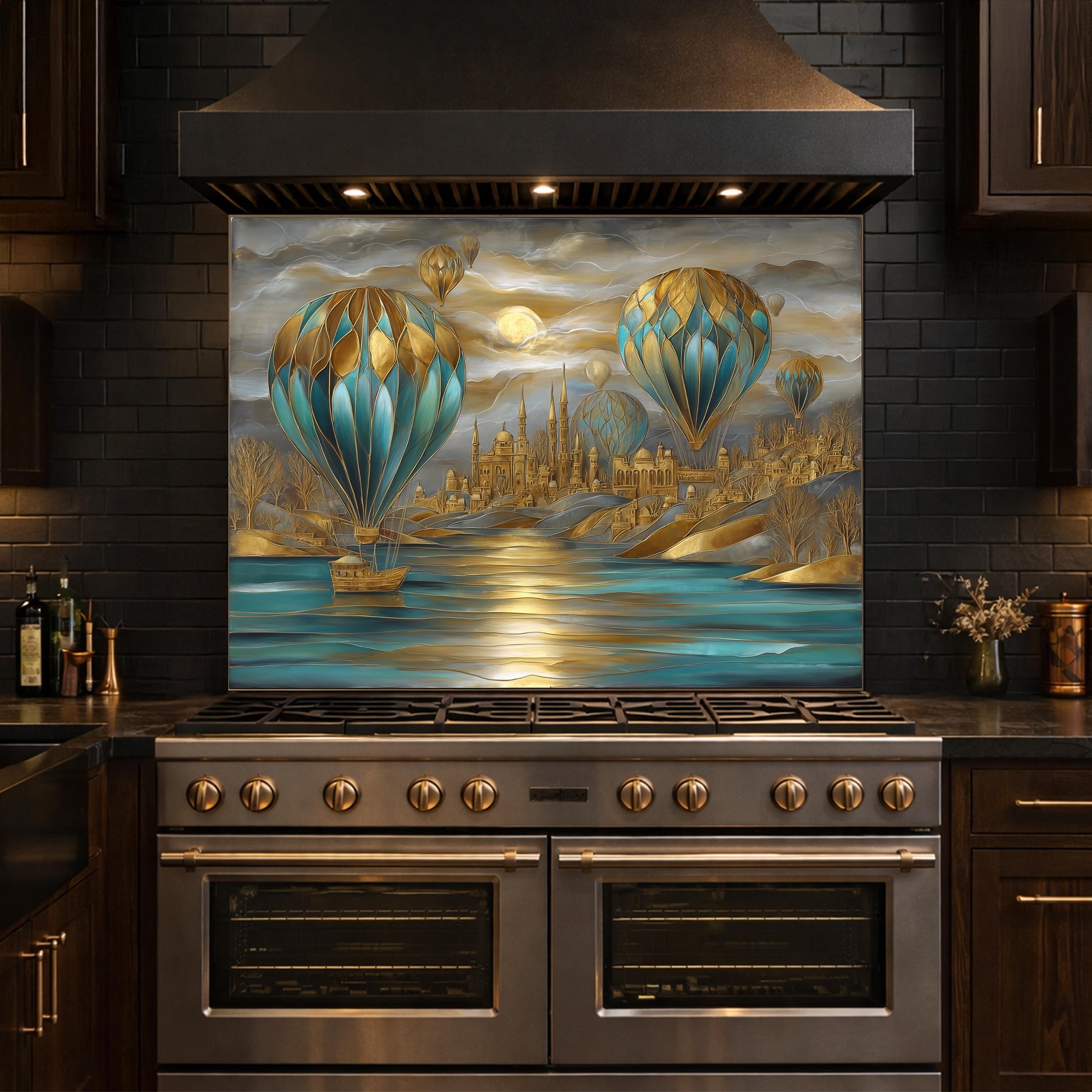 Hot Air Balloon Tempered Glass Kitchen Panel, Blue Gold City Mosaic Splashback