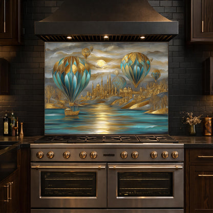 Hot Air Balloon Tempered Glass Kitchen Panel, Blue Gold City Mosaic Splashback
