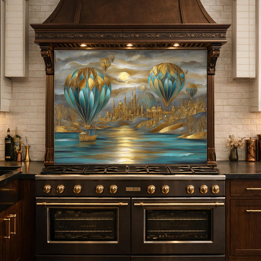 Hot Air Balloon Tempered Glass Kitchen Panel, Blue Gold City Mosaic Splashback