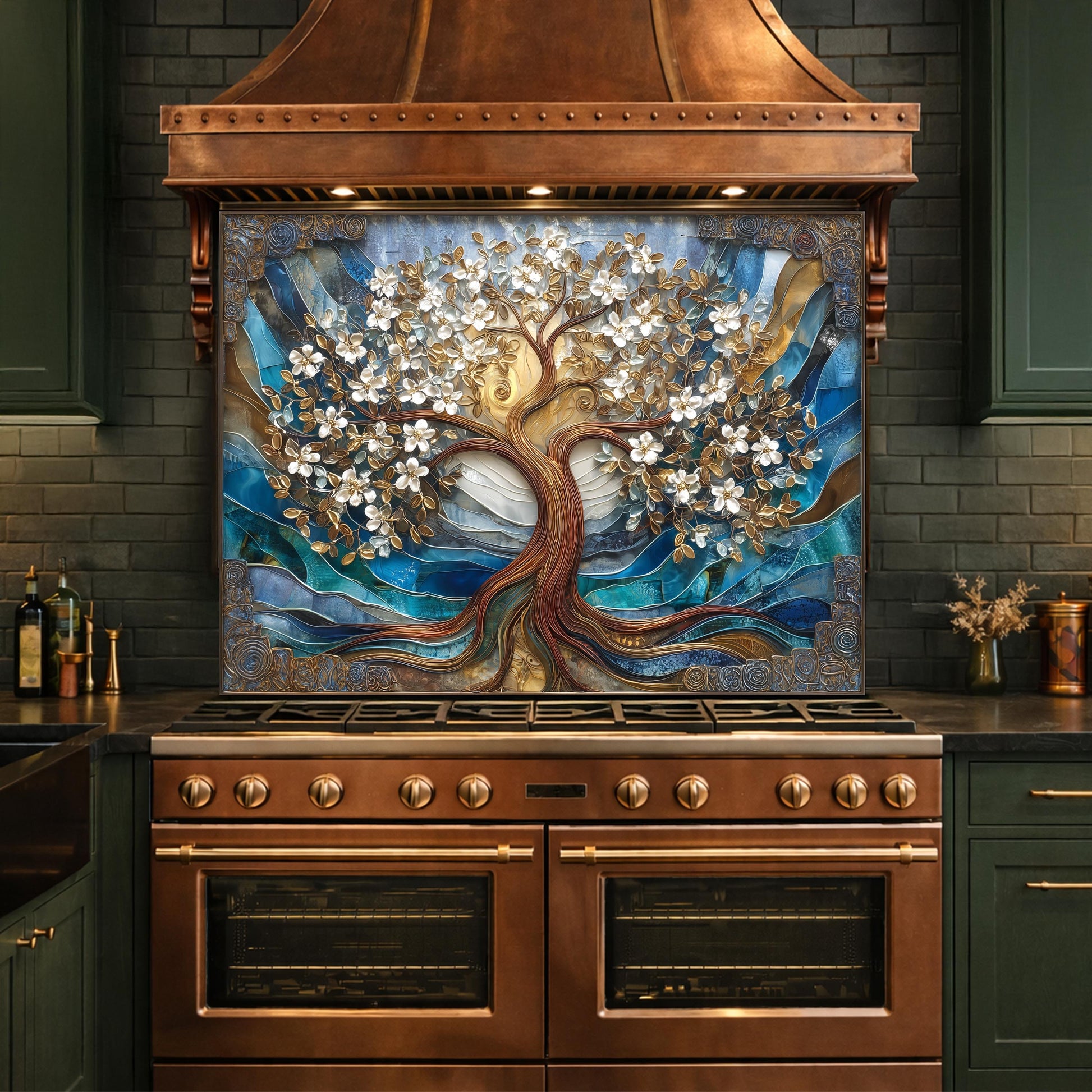 Tempered Glass Tree of Life Kitchen Panel, Blue Gold Floral Mosaic Splashback Behind Stove