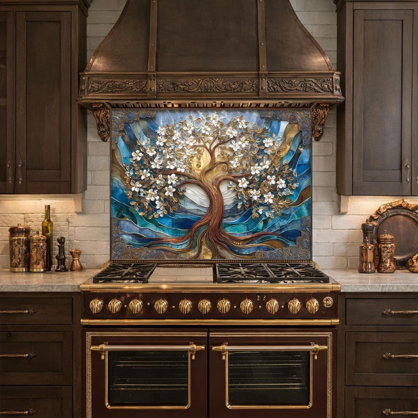 Tempered Glass Tree of Life Kitchen Panel, Blue Gold Floral Mosaic Splashback Behind Stove