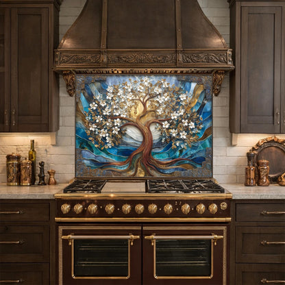 Tempered Glass Tree of Life Kitchen Panel, Blue Gold Floral Mosaic Splashback Behind Stove