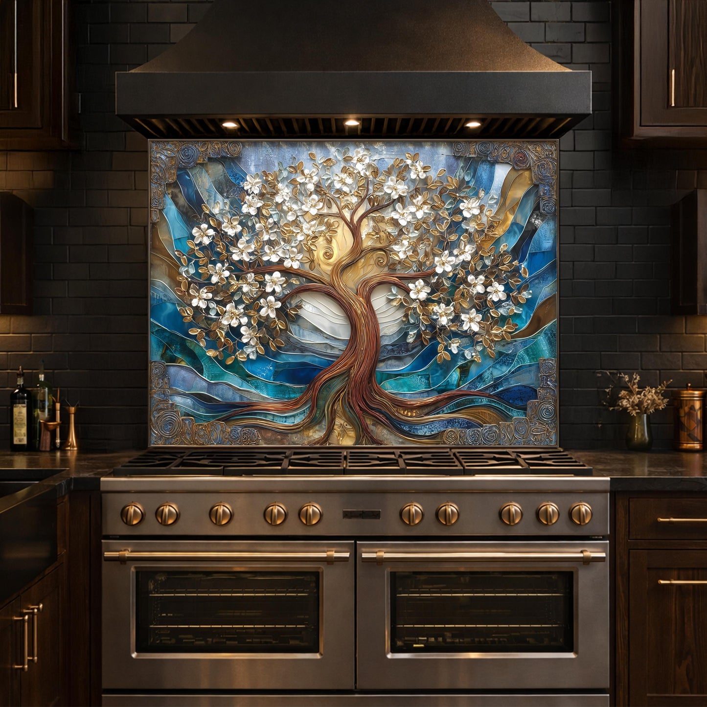 Tempered Glass Tree of Life Kitchen Panel, Blue Gold Floral Mosaic Splashback Behind Stove