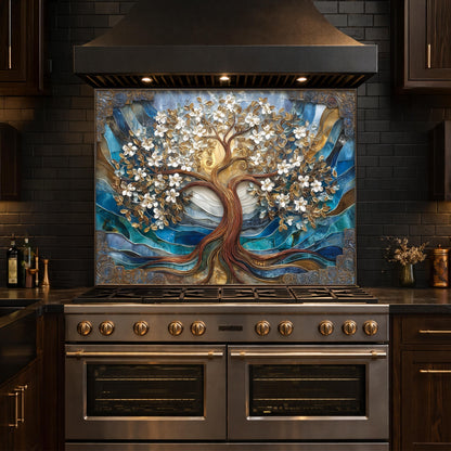 Tempered Glass Tree of Life Kitchen Panel, Blue Gold Floral Mosaic Splashback Behind Stove