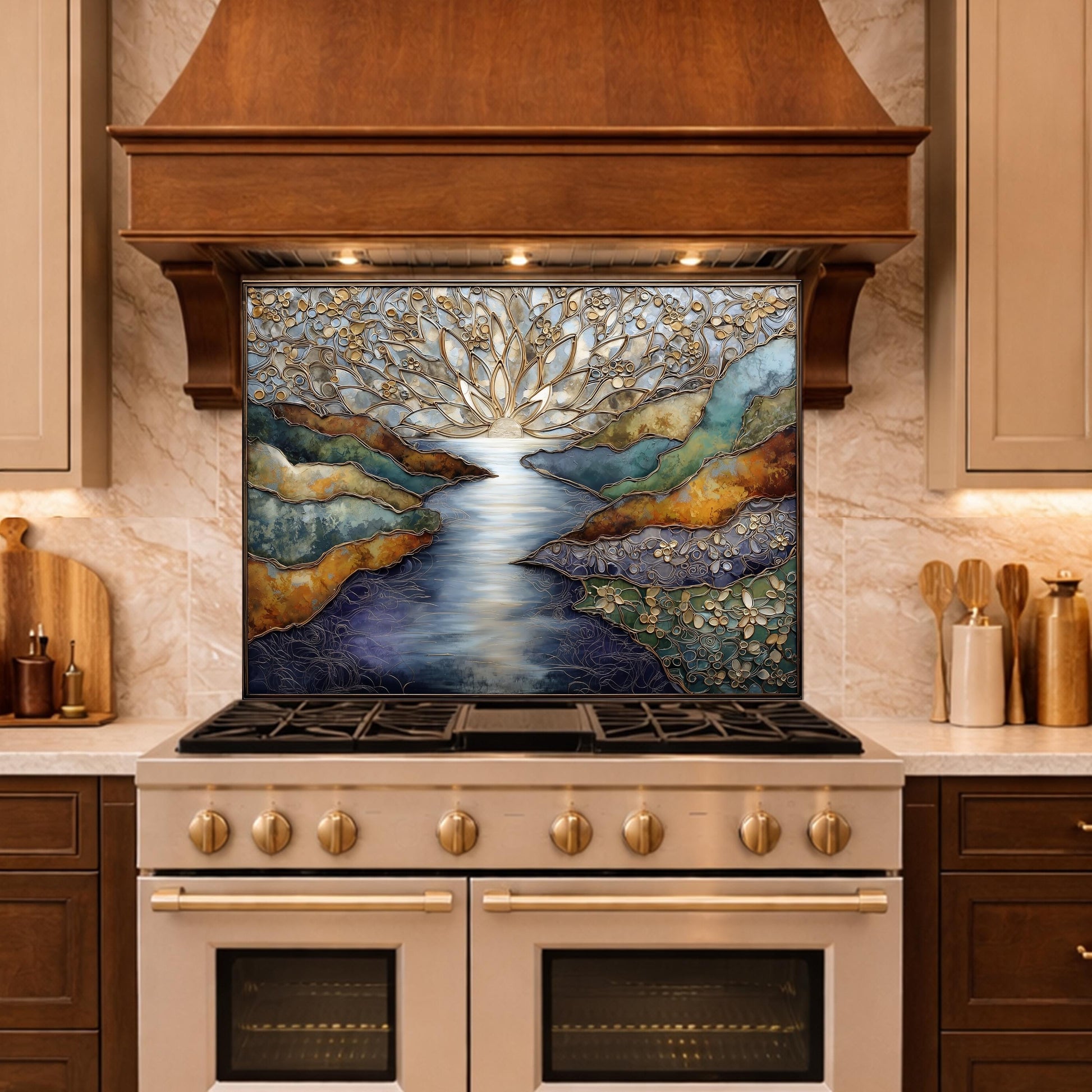 Abstract Landscape Kitchen Panel, Tempered Glass Wall Decor, Blue Gold Mosaic Splashback