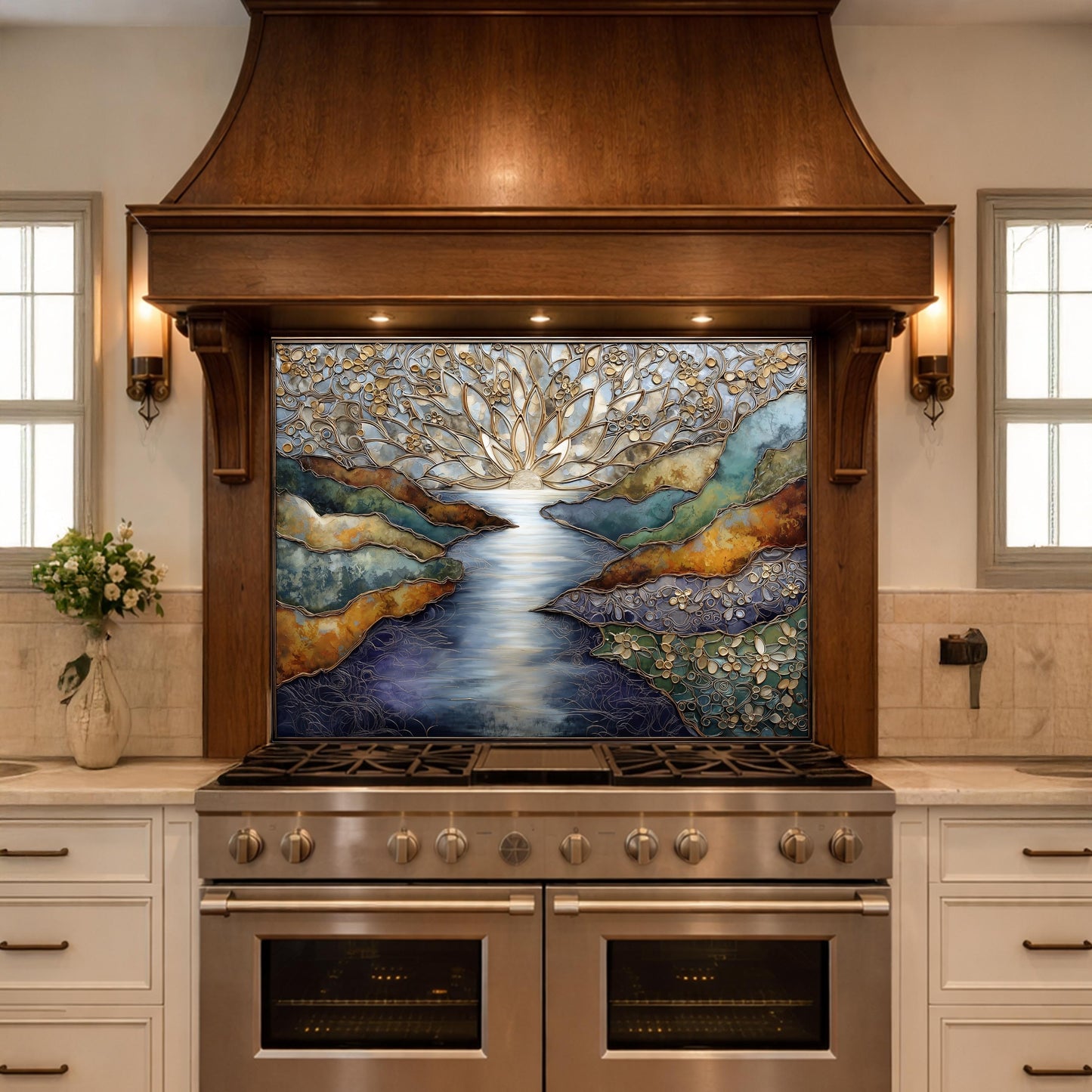 Abstract Landscape Kitchen Panel, Tempered Glass Wall Decor, Blue Gold Mosaic Splashback