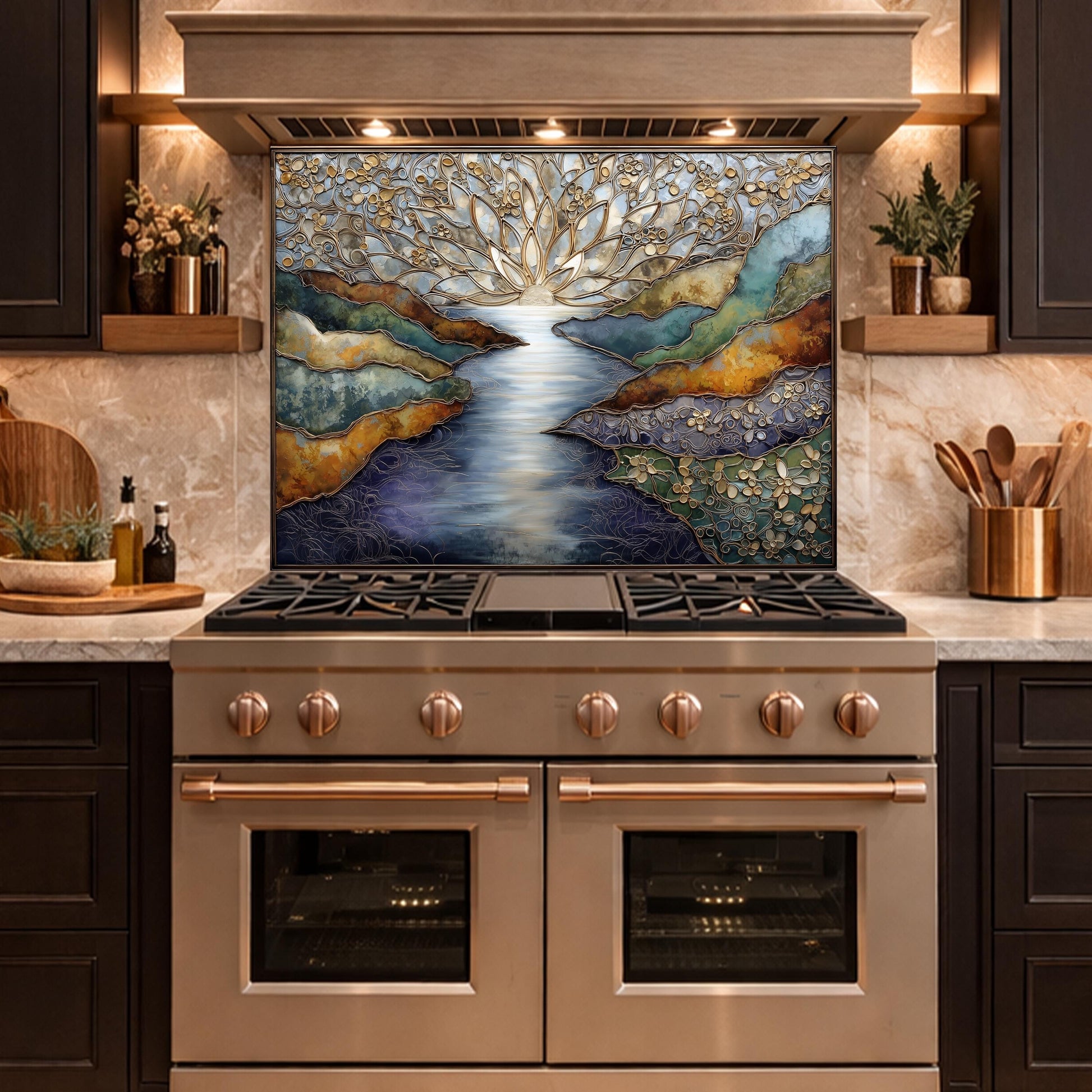 Abstract Landscape Kitchen Panel, Tempered Glass Wall Decor, Blue Gold Mosaic Splashback