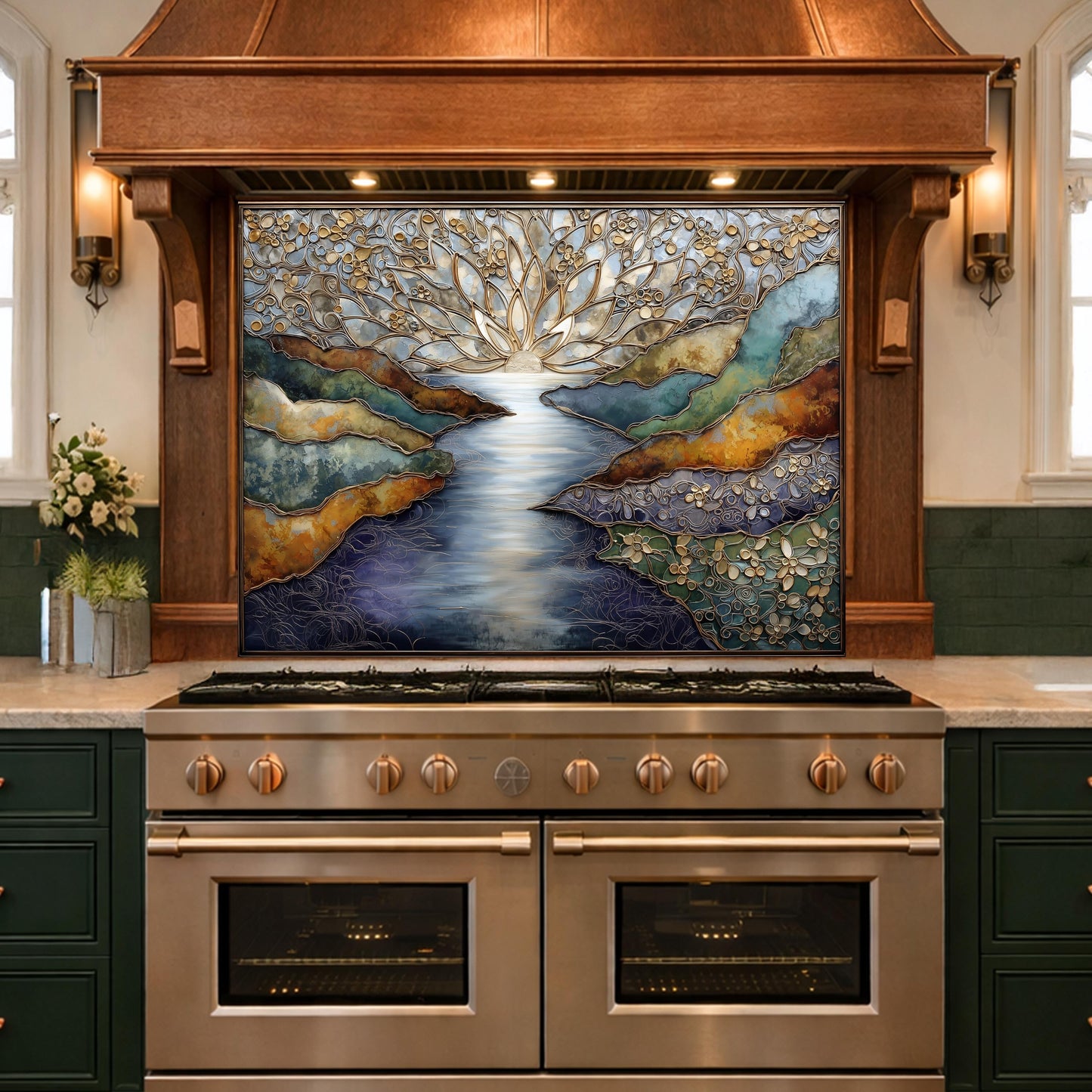 Abstract Landscape Kitchen Panel, Tempered Glass Wall Decor, Blue Gold Mosaic Splashback