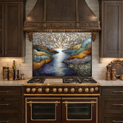Abstract Landscape Kitchen Panel, Tempered Glass Wall Decor, Blue Gold Mosaic Splashback