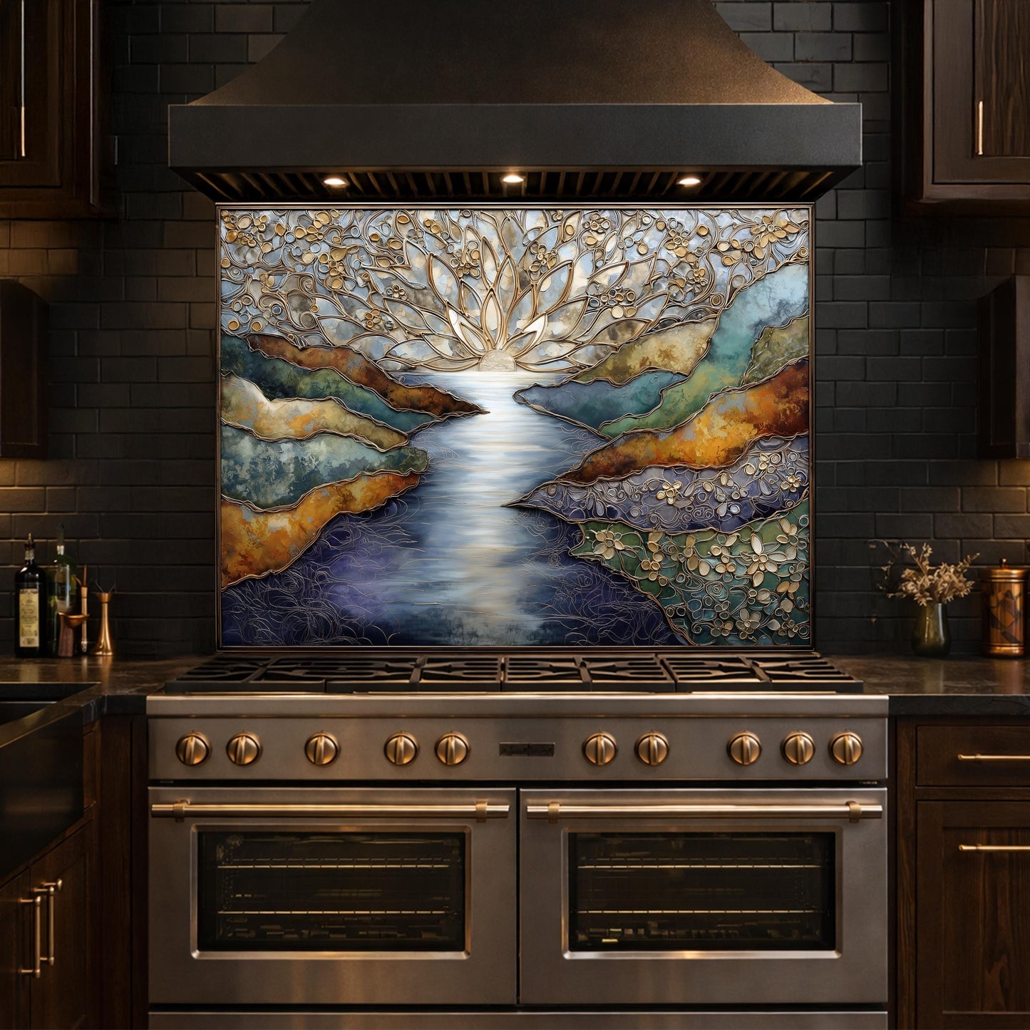 Abstract Landscape Kitchen Panel, Tempered Glass Wall Decor, Blue Gold Mosaic Splashback