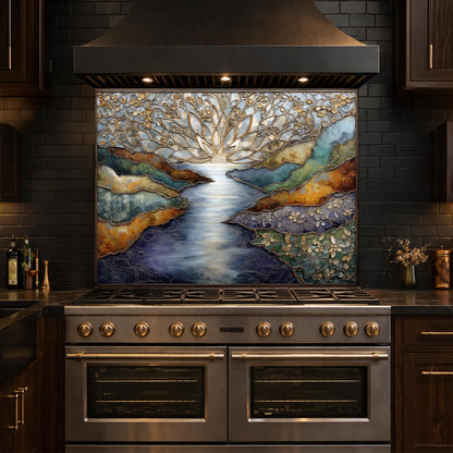 Abstract Landscape Kitchen Panel, Tempered Glass Wall Decor, Blue Gold Mosaic Splashback