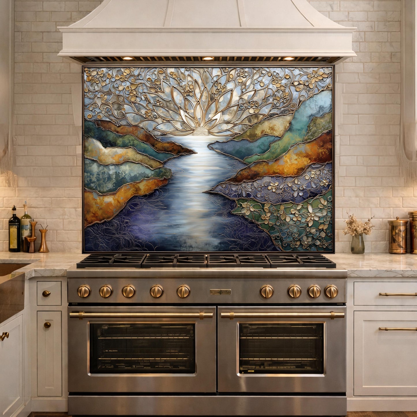 Abstract Landscape Kitchen Panel, Tempered Glass Wall Decor, Blue Gold Mosaic Splashback