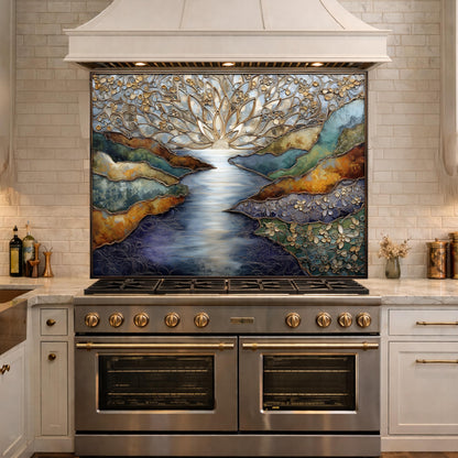 Abstract Landscape Kitchen Panel, Tempered Glass Wall Decor, Blue Gold Mosaic Splashback