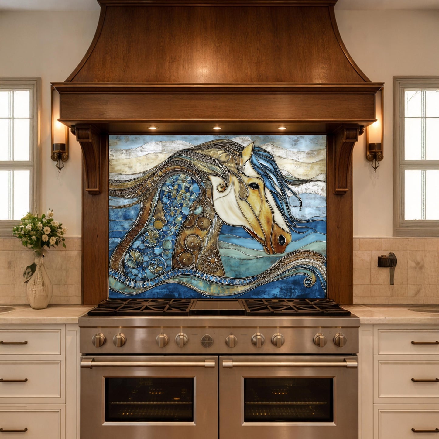 Abstract Horse Glass Backsplash, Artistic Kitchen Backsplash Behind Stove Decor