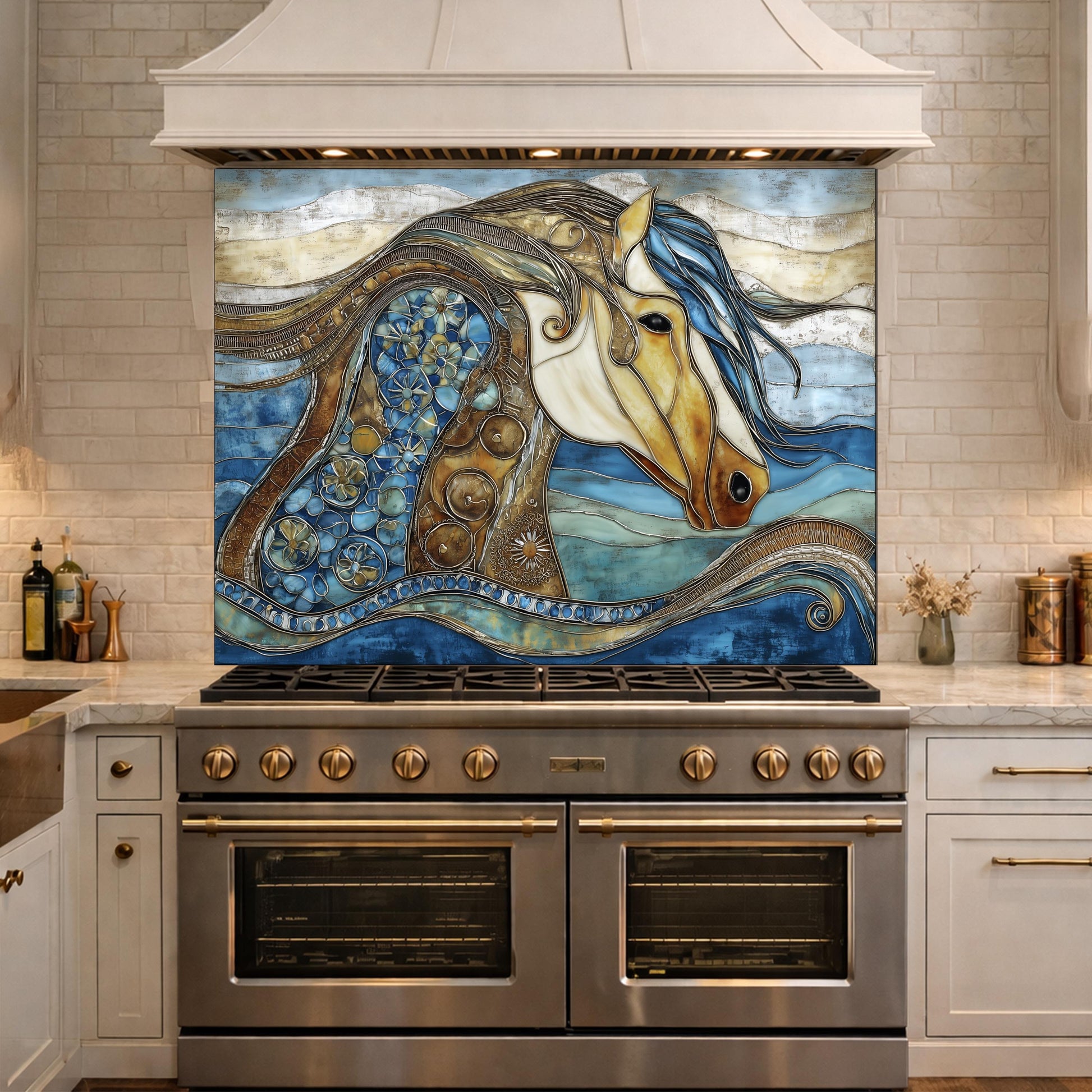 Abstract Horse Glass Backsplash, Artistic Kitchen Backsplash Behind Stove Decor