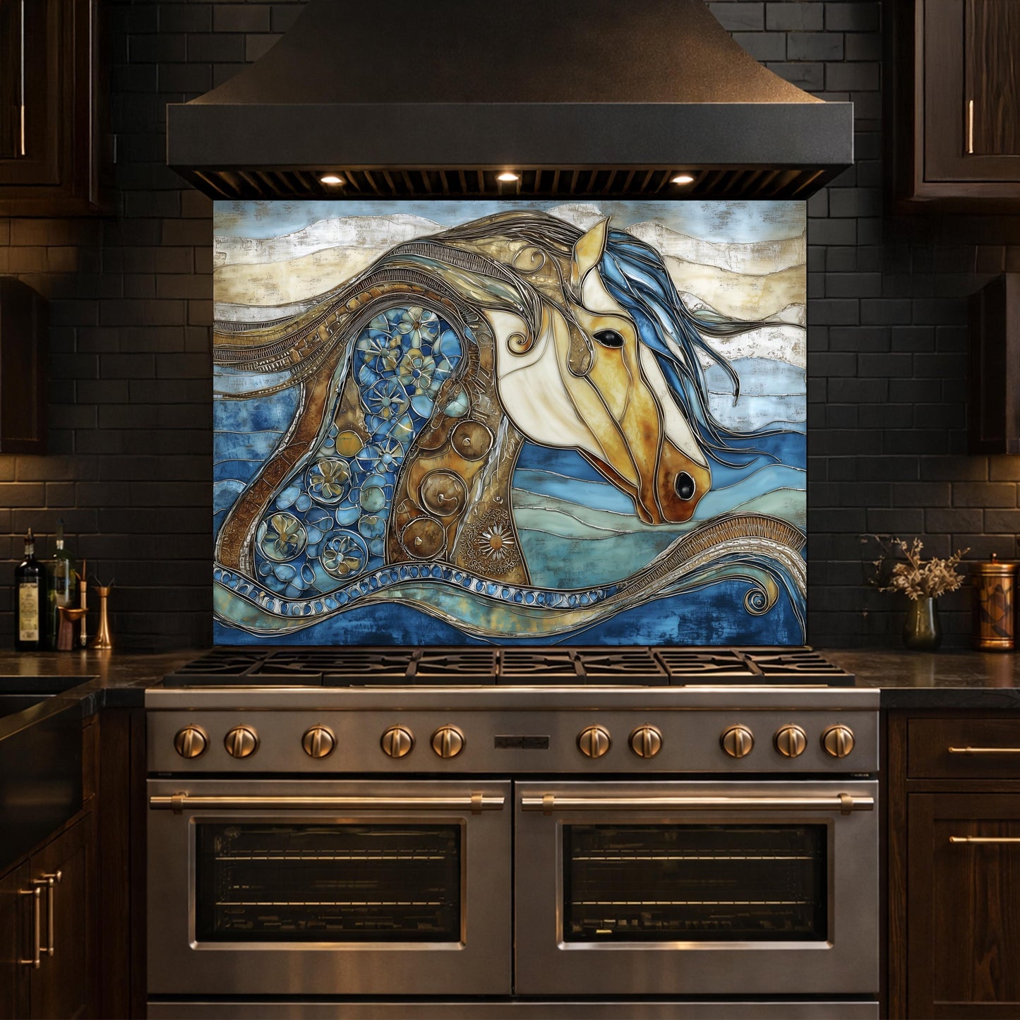 Abstract Horse Glass Backsplash, Artistic Kitchen Backsplash Behind Stove Decor
