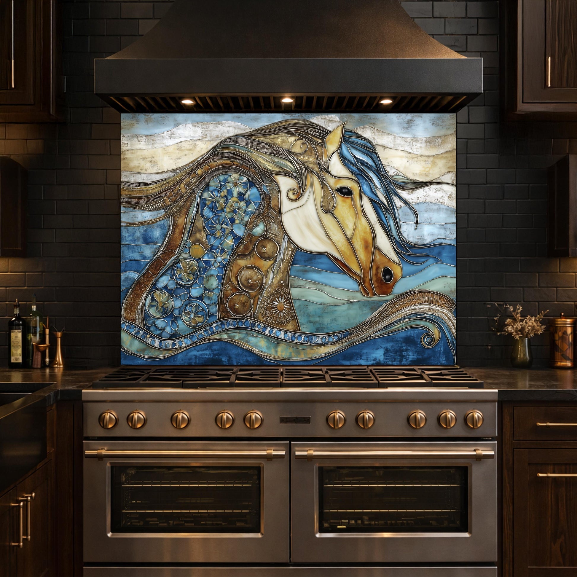 Abstract Horse Glass Backsplash, Artistic Kitchen Backsplash Behind Stove Decor