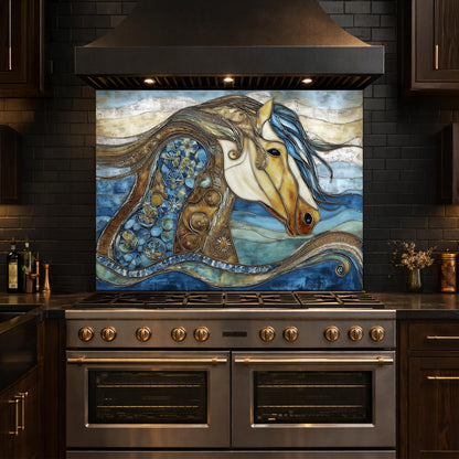 Abstract Horse Glass Backsplash, Artistic Kitchen Backsplash Behind Stove Decor