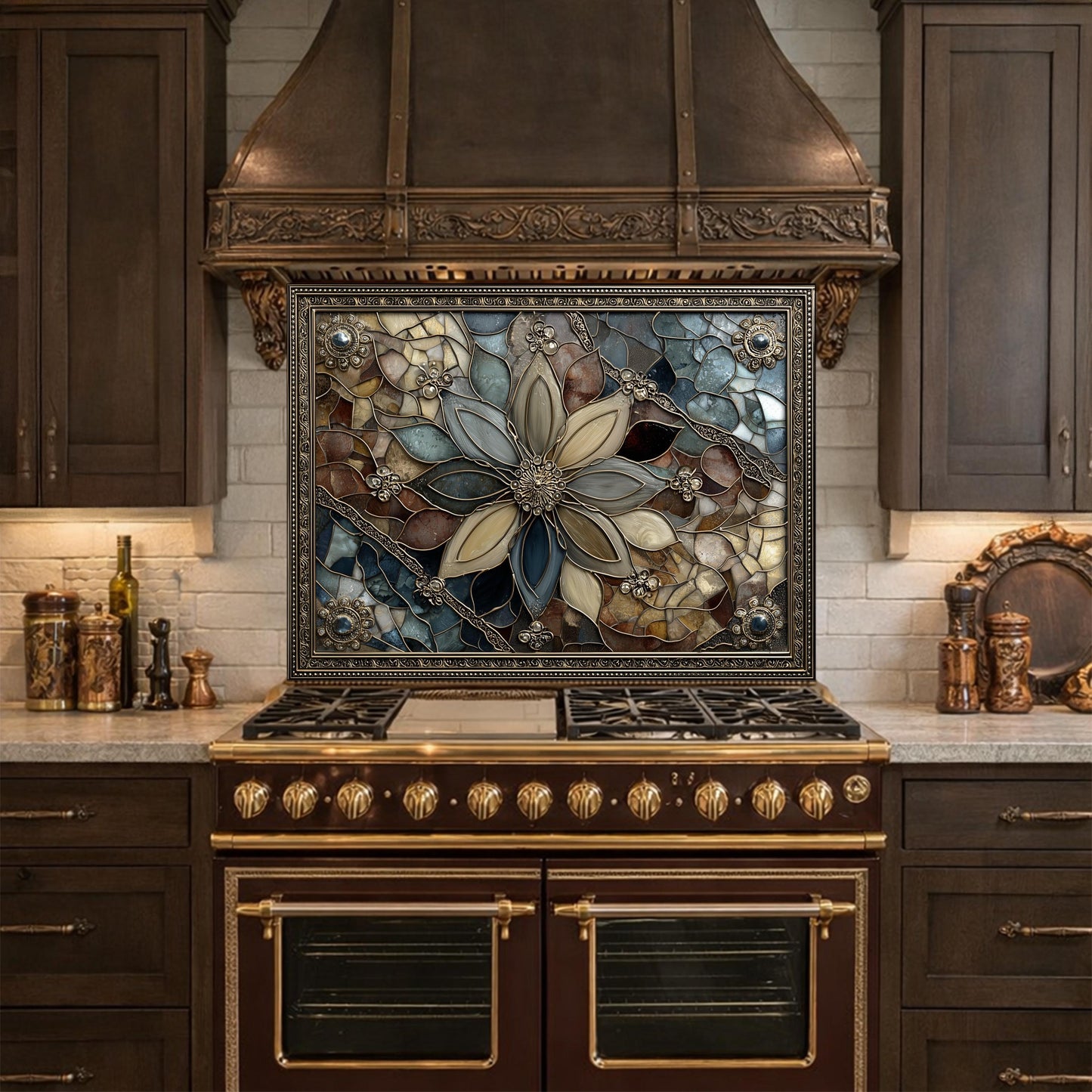 Floral Stained Glass Kitchen Backsplash, Luxury Mosaic Panel Behind Stove Wall Decor