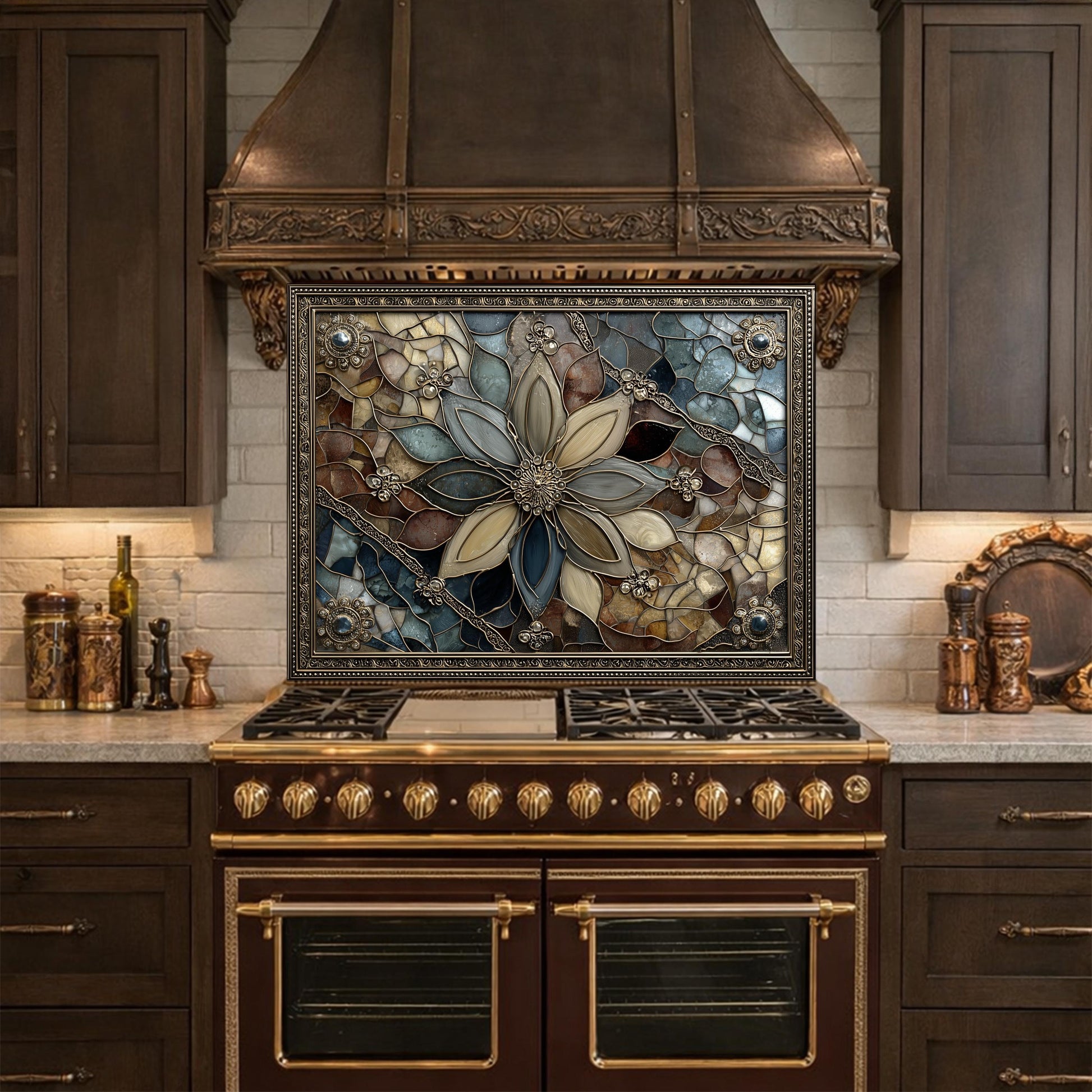 Floral Stained Glass Kitchen Backsplash, Luxury Mosaic Panel Behind Stove Wall Decor