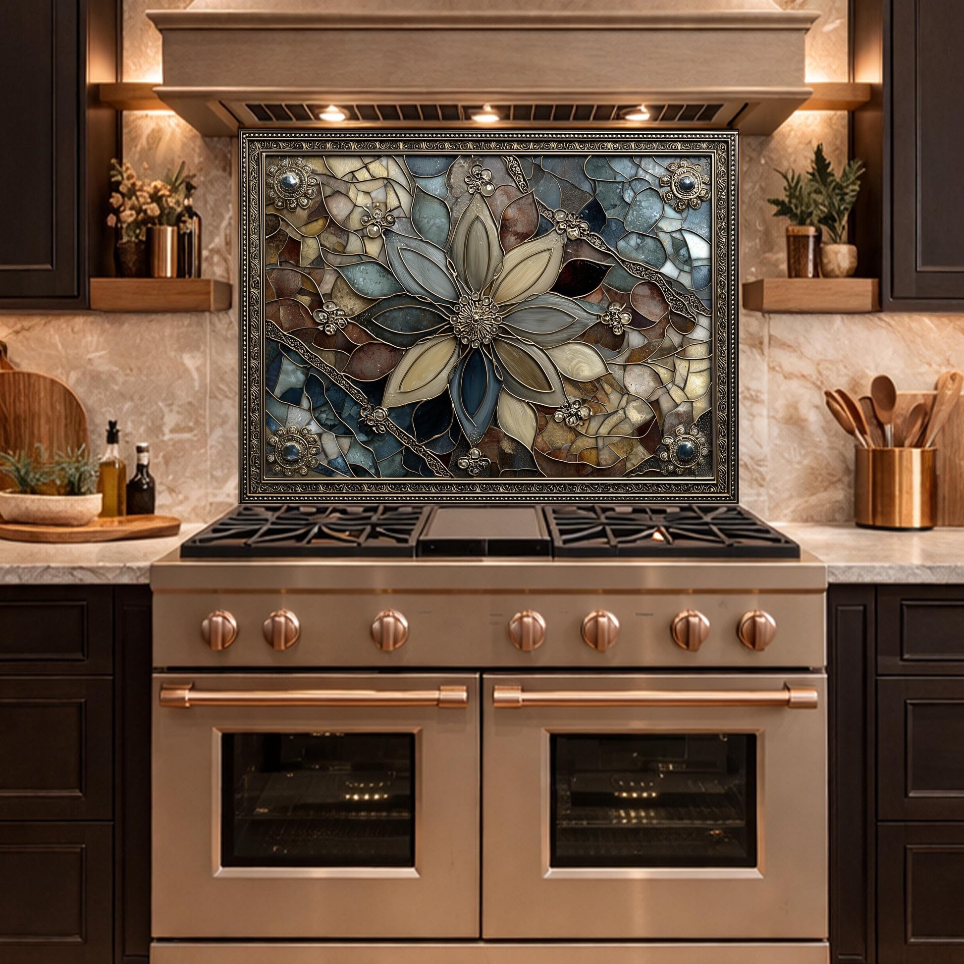 Floral Stained Glass Kitchen Backsplash, Luxury Mosaic Panel Behind Stove Wall Decor