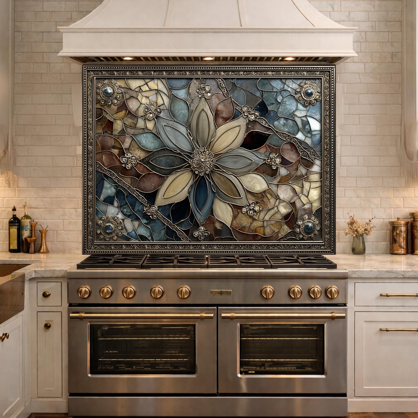 Floral Stained Glass Kitchen Backsplash, Luxury Mosaic Panel Behind Stove Wall Decor